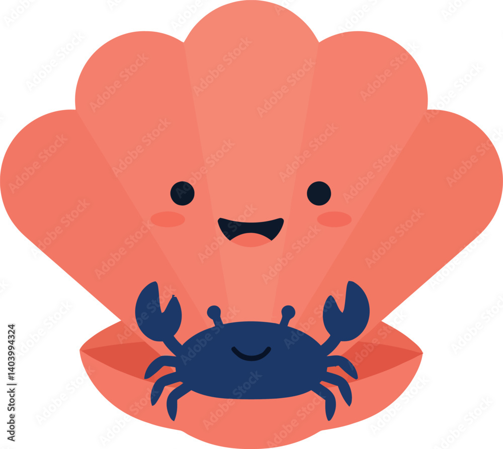 Obraz premium Happy crab peeking out from a smiling pink shell in a flat vector illustration