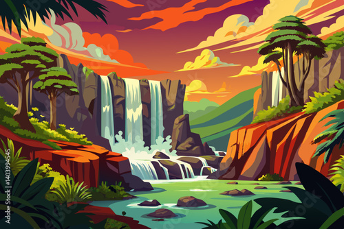 Jungle waterfall cascade in tropical rainforest with rock and turquoise blue pond at sunset time vector illustration