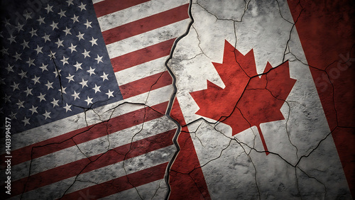 Cracked US and Canadian flags depict strained relations between North American nations