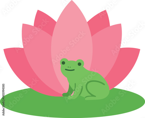Green frog sitting peacefully on green grass beside a pink lotus flower in flat vector art photo