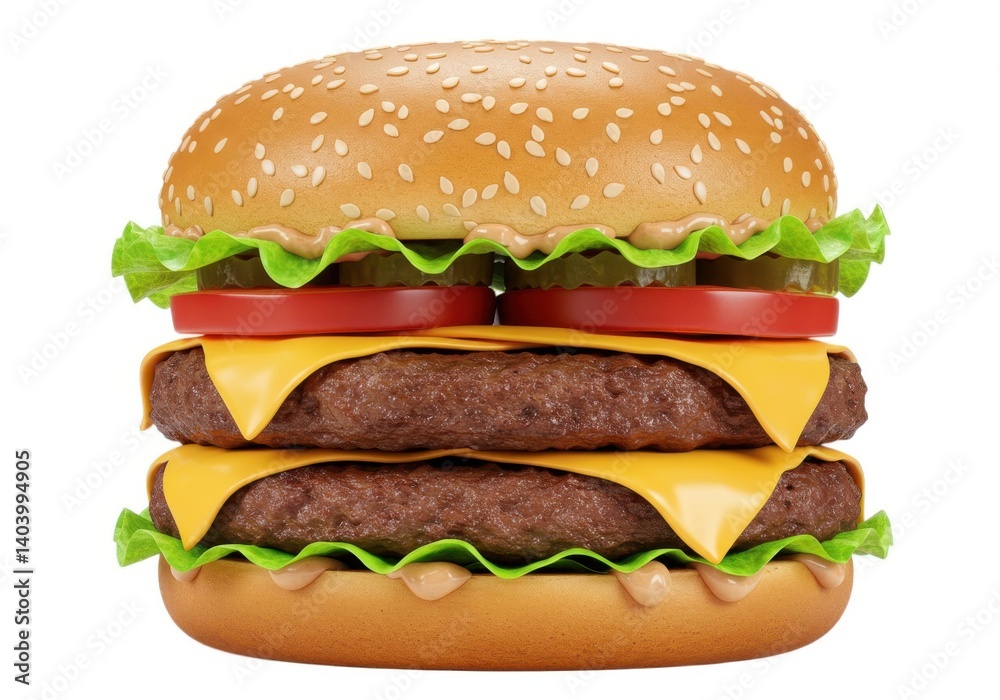 Delicious double cheeseburger with fresh toppings isolated isolated on white background Delicious double cheeseburger with fresh toppings isolated isolated on white background
