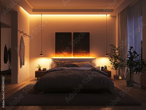 Serene bedroom interior with warm lighting, creating a cozy and inviting atmosphere for relaxation and restful sleep.
