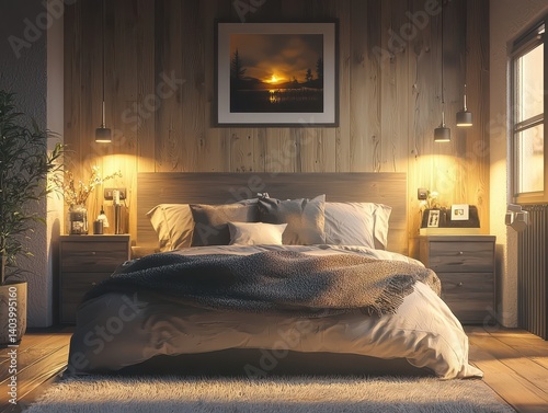 Warm and inviting bedroom featuring wood paneled walls, a cozy bed with soft blankets, and soft lighting that creates a relaxing ambiance.
