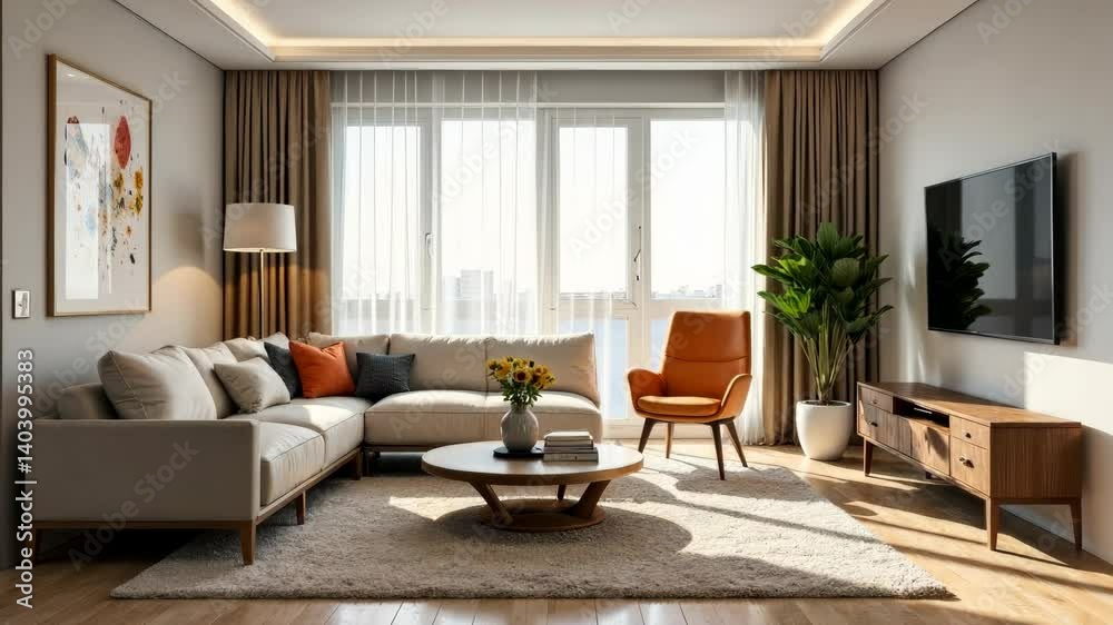 Bright modern living room with neutral furniture, natural light, and wood accents on a sunny interior background, concept of home comfort Bright modern living room with neutral furniture, natural light, and wood accents on a sunny interior background, concept of home comfort