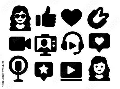 influencer icons Set of bold black social media vector icons including influencer, like, heart, peace hand, video camera, live stream, headset, podcast mic, comment, and play button symbols on a white