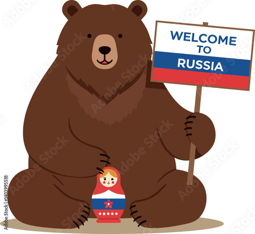 A friendly bear holding a welcome sign and a traditional Russian doll in flat vector art