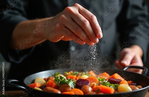 Fototapeta Naklejka Na Ścianę i Meble -  Chef adds salt to pan with fresh cooked vegetables. Preparing food for a hotel menu. Gastronomy, healthy diet, vegetarian recipe with organic ingredients. Culinary pro at work.