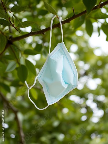 a medical mask hangs on a green branch of a tree, they left the mask due to uselessness