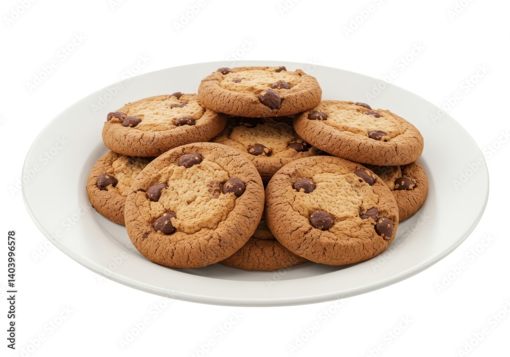 Delicious chocolate chip cookies on a white plate tasty isolated on white background Delicious chocolate chip cookies on a white plate tasty isolated on white background