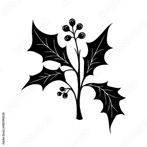 Black silhouette of spiky holly leaves with berries, simple graphic style on white background, symbol of winter holidays and decoration