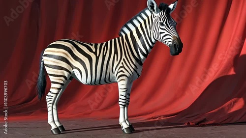 Striking zebra standing calmly against a rich, draped red fabric backdrop, its black and white stripes creating a vivid contrast, showcasing the animal's beauty.