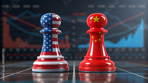US and China chess pieces face off against a backdrop of economic market trends