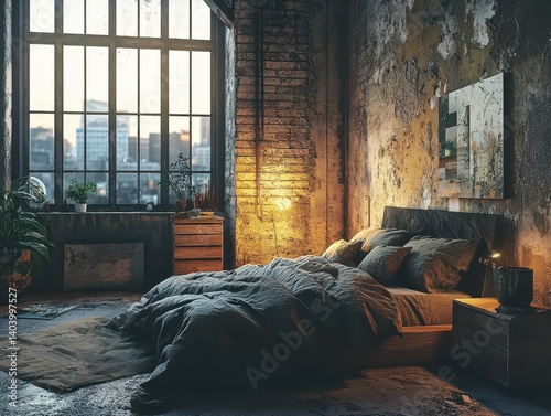 Urban loft bedroom with exposed brick and a large window view, blending industrial textures with cozy comfort for a modern living space.