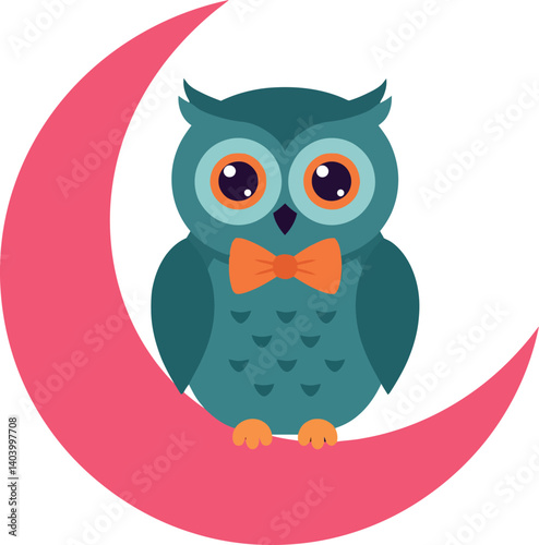 Cute owl wearing a bow tie perched on a pink crescent moon in flat vector art