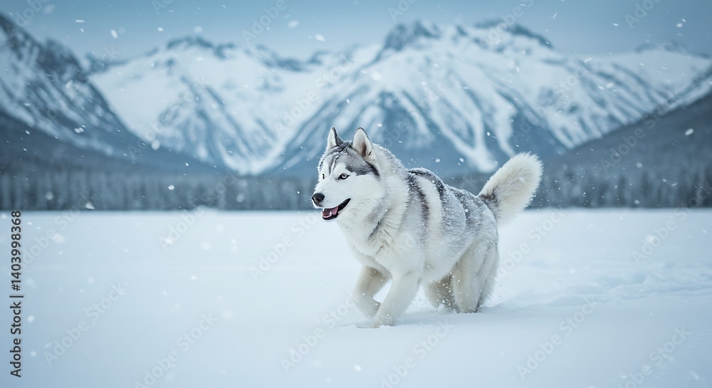 Naklejka premium A high-resolution image of a Siberian husky running through snow, with snowflakes caught in its fur and a dramatic winter mountain background