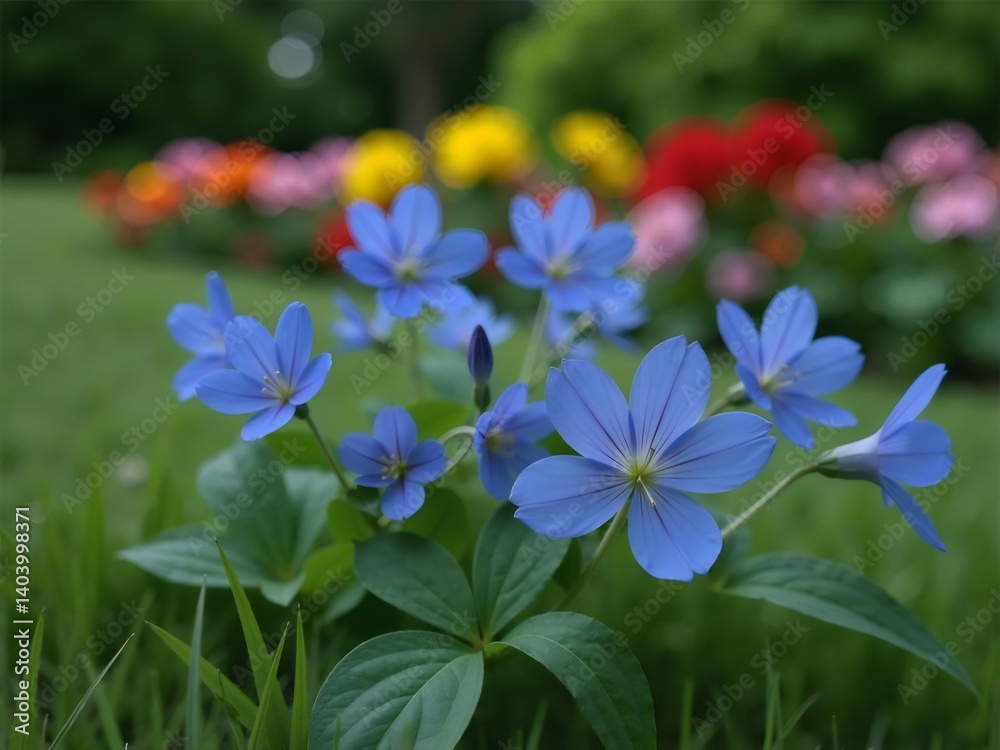 Vibrant Blue Flowers Blooming In A Garden Setting Surrounded By Green Grass And Other Flowers Vibrant Blue Flowers Blooming In A Garden Setting Surrounded By Green Grass And Other Flowers
