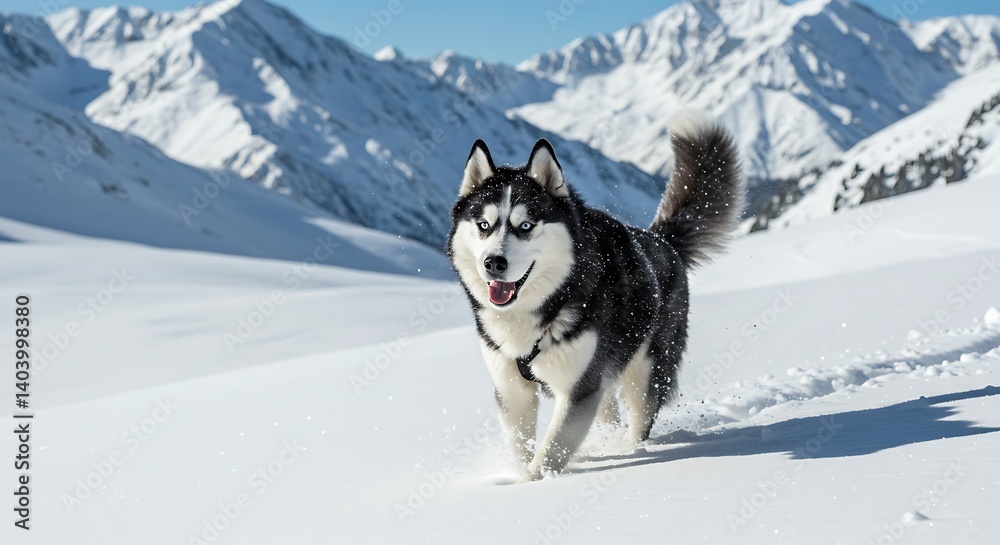 A high-resolution image of a Siberian husky running through snow, with snowflakes caught in its fur and a dramatic winter mountain background A high-resolution image of a Siberian husky running through snow, with snowflakes caught in its fur and a dramatic winter mountain background
