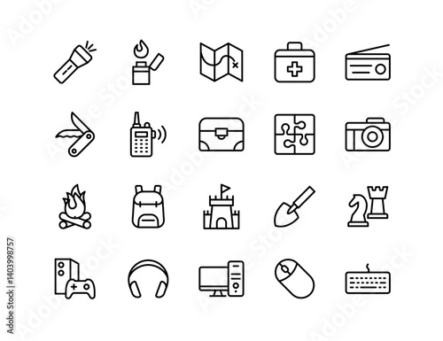 Adventure Game Vector Icon Set | Adjustable Line Weight | Map, flashlight, backpack, treasure, puzzle, shovel, fire, camera, radio, castle, knife, keyboard, headset icons