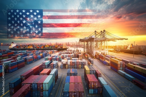 Wallpaper Mural A busy U.S. port at sunset shows colorful shipping containers shaped like the American flag, symbolizing trade interconnectedness and the economic challenges in global shipping and logistics Torontodigital.ca