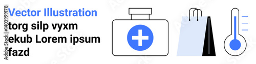 Medical bottle with cross, shopping bags, and thermometer. Ideal for healthcare, e-commerce, health monitoring, online shopping, retail, wellness and simple landing page