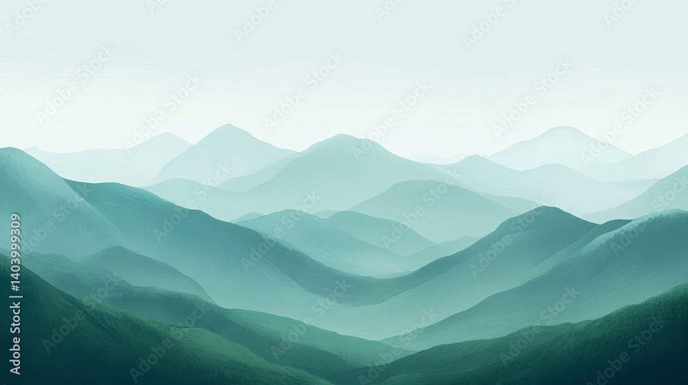 Serene green mountain landscape with misty peaks and rolling hills sky art view calm soft tone photo Serene green mountain landscape with misty peaks and rolling hills sky art view calm soft tone photo