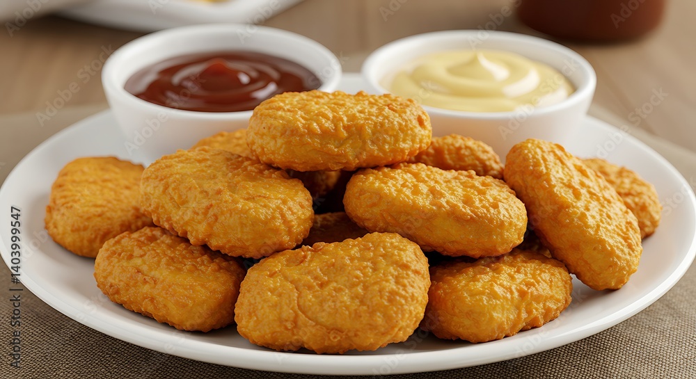 A plate of golden-brown crispy chicken nuggets, served with dipping sauces like barbecue and honey mustard A plate of golden-brown crispy chicken nuggets, served with dipping sauces like barbecue and honey mustard