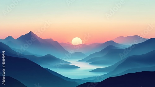 Serene sunset landscape with misty blue mountains and calm lake sky art view pink teal image photo