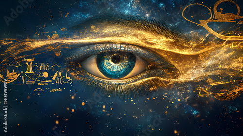 Surreal artwork featuring the eye of horus with golden hieroglyphs and abstract cosmic waves in deep blue and gold, evoking ancient mysticism. ai generative. Mystic Relic. Illustration