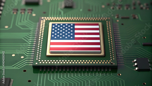 American Flag on Microchip Semiconductor Technology Green Circuit Board