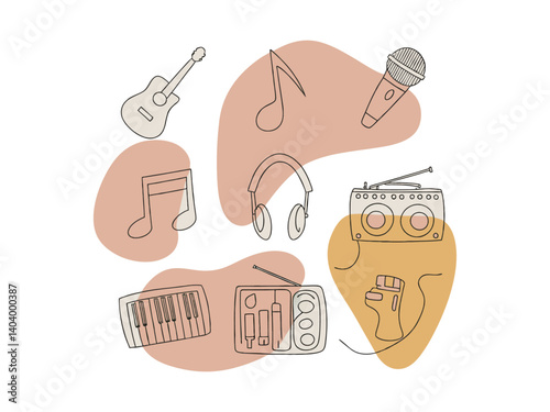 Hand-drawn illustration of various music instruments and musicians.  Music features a collection of simple line-drawings representing musical instruments and performers in a relaxed, whimsical style.