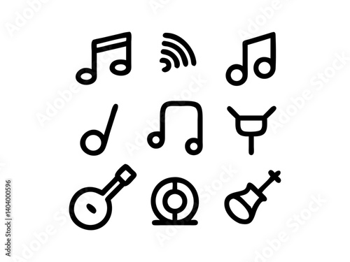 Simple Black Line Art Music Icons. music day,  Vcetor features a collection of simple, black line art icons representing musical notes, instruments (e.g., a guitar-like instrument), and a target symbo