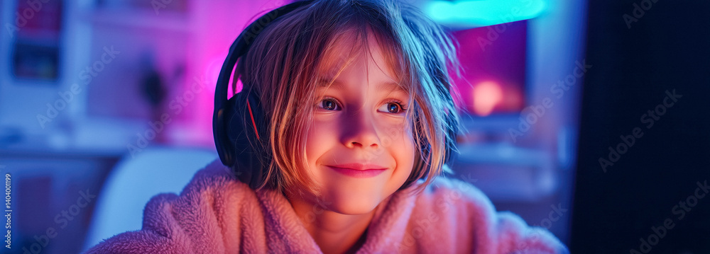 A young boy wearing headphones is playing video games on his computer in a dark room.