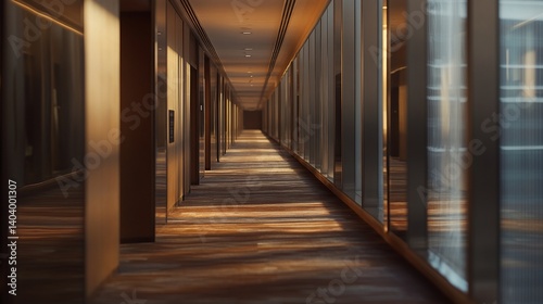 Empty hotel corridor at sunset