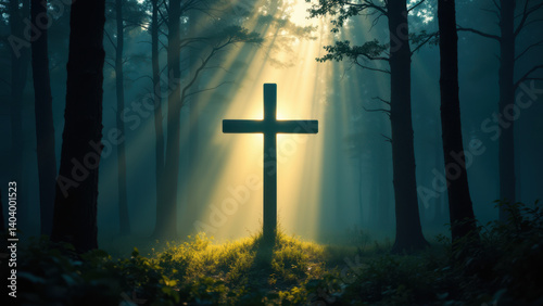 Christian cross in a forest with sunlight shining through trees.