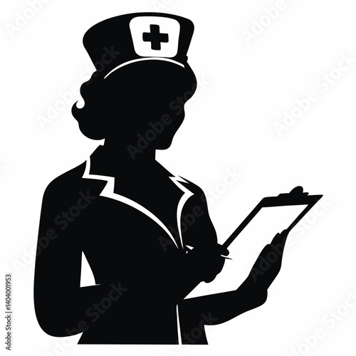  Female nurse silhouette writing on clipboard in uniform