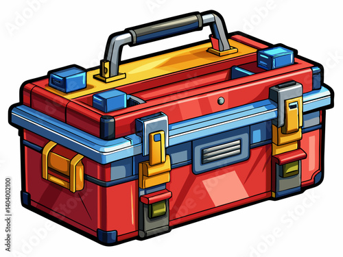 A high-quality vector illustration of a sturdy red toolbox with multiple compartments, isolated on a white background, detailed and realistic