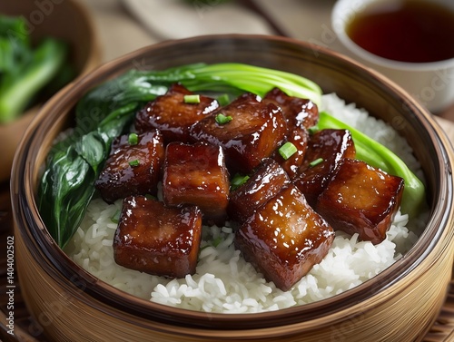 An authentic Cantonese-style steamed rice bowl, topped with succulent braised pork belly in a rich, aromatic soy-based sauce.