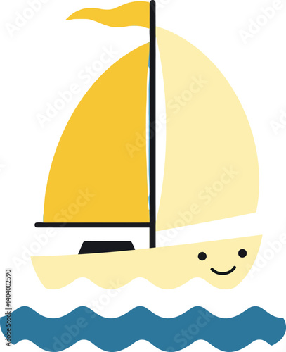 Cute sailboat with a yellow sail floating on blue waves in minimal vector art