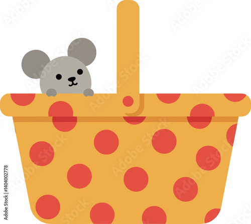 A cute mouse peeking out of a polka-dotted yellow basket in flat vector art