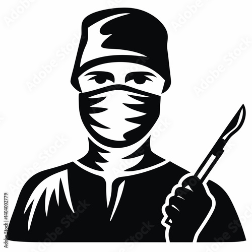 Surgeon holding scalpel in surgical mask illustration