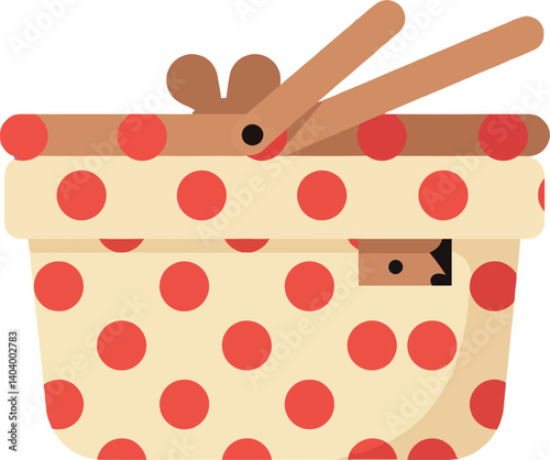 Picnic basket with red polka dots and wooden utensils in a flat vector illustration
