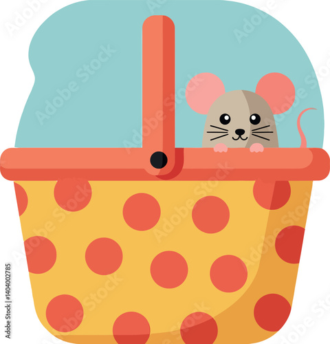 Cute mouse peeking out from a yellow basket with red polka dots in flat vector art