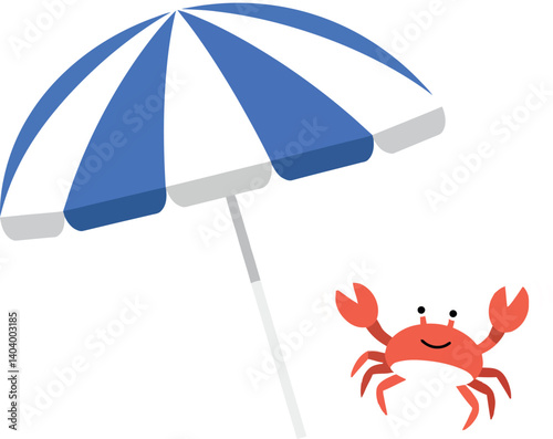 A cheerful red crab under a blue and white striped beach umbrella in flat vector art