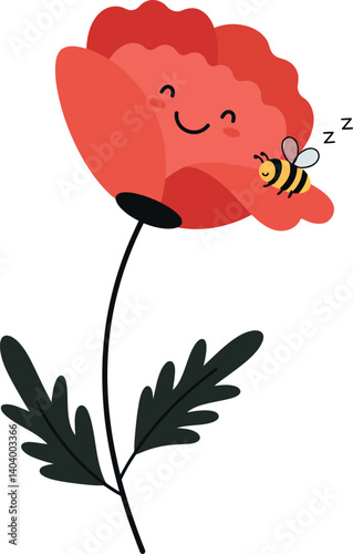 Cheerful red flower with smiling face and buzzing bee in flat vector art