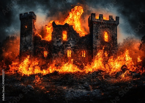 Burning Castle at Night