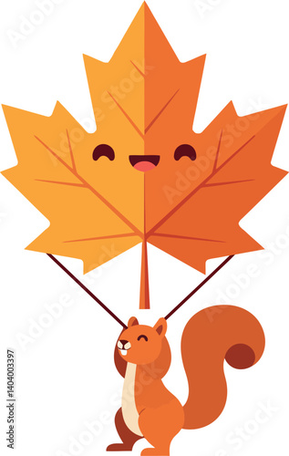A cheerful squirrel holding a large smiling maple leaf in a playful flat vector illustration