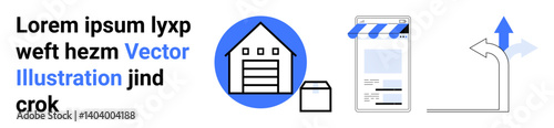Warehouse, e-commerce app storefront, box for shipping, navigating arrows. Ideal for logistics, supply chain, retail, e-commerce, delivery services business operations simple landing page