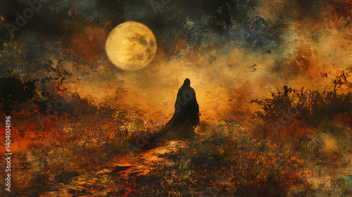 In shroud of dusk raw barrens burst forth displaying a grand twirl of gleam and dark where vivid beam of a whole moon brightens odd grounds weaving entrancing pull. Nightwoven Cloak. Illustration