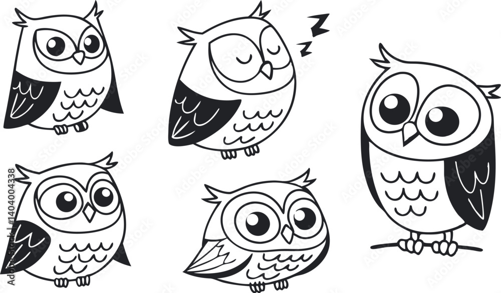 Fototapeta premium Black and White Owl Vector Set – Hand Drawn Stylized Owl Clipart Collection.eps