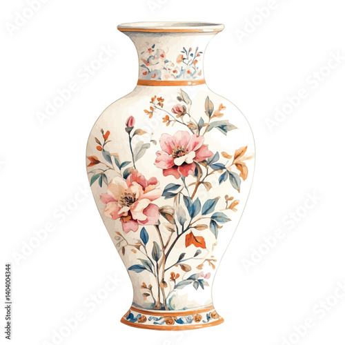 watercolor of Classic Porcelain Vase With Floral Patterns, vector, isolated on a white background.